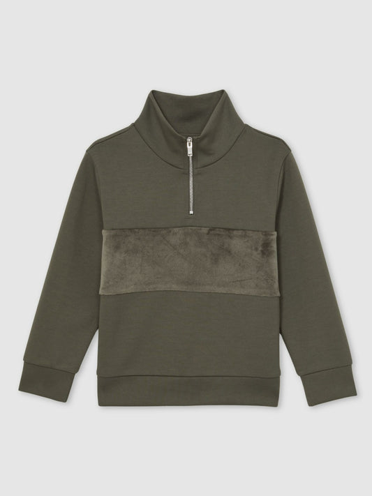 13-14 yrs Slim Fit Half-Zip Funnel Neck Velour Sweatshirt in Dark Sage Green | Reiss Children & Baby Featured