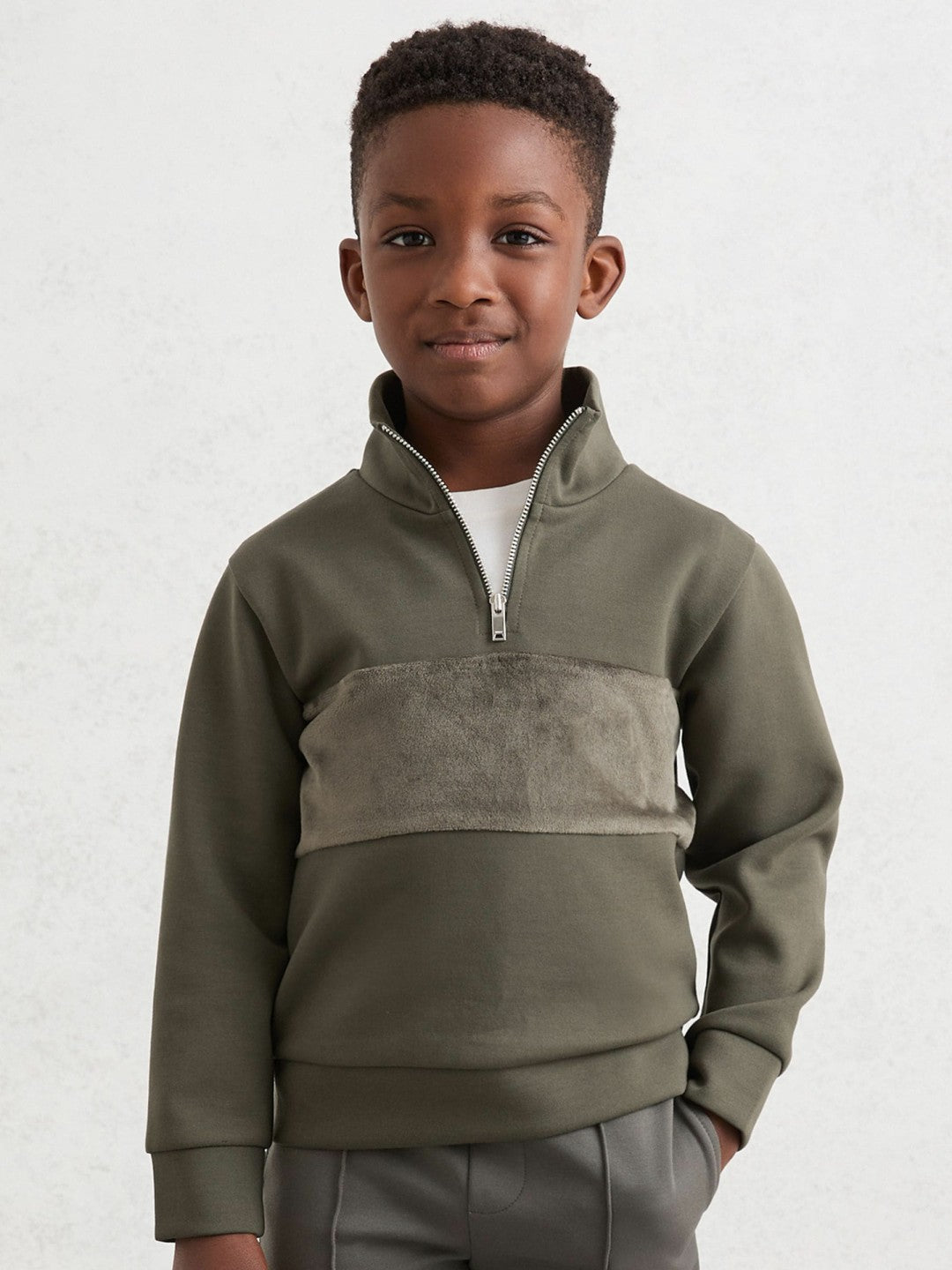 13-14 yrs Slim Fit Half-Zip Funnel Neck Velour Sweatshirt in Dark Sage Green | Reiss Children & Baby Featured