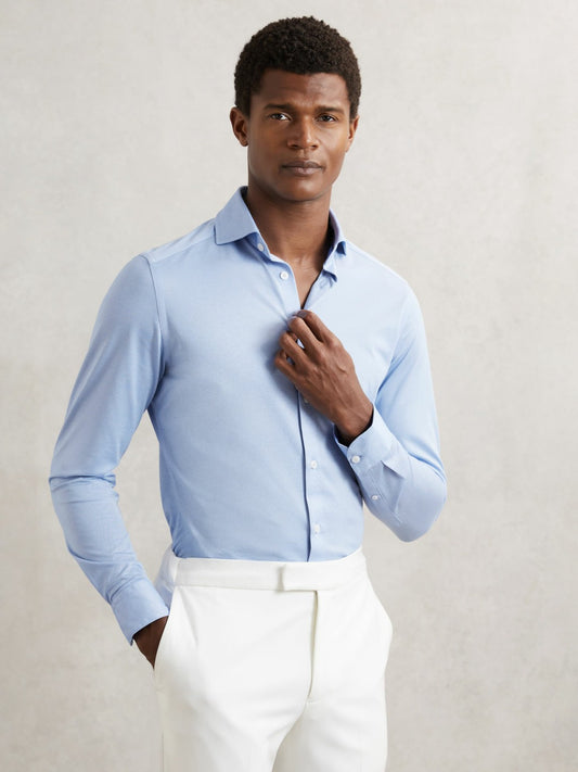 Cotton-Blend Jersey Cutaway-Collar Shirt in Soft Blue | Reiss Men Featured