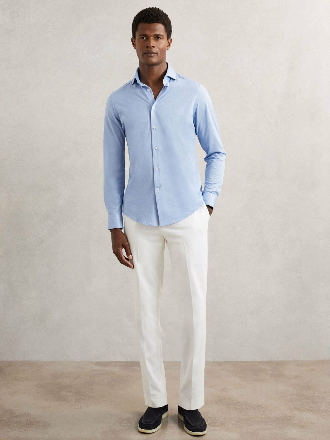 Cotton-Blend Jersey Cutaway-Collar Shirt in Soft Blue | Reiss Men Featured
