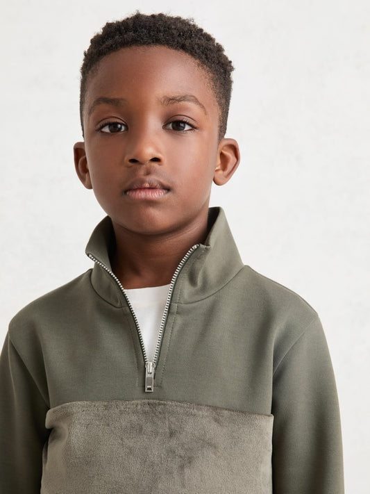 9-13 yrs Slim Fit Half-Zip Funnel Neck Velour Sweatshirt in Dark Sage Green | Reiss Children & Baby Signature
