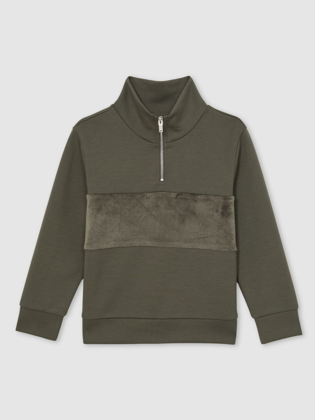 9-13 yrs Slim Fit Half-Zip Funnel Neck Velour Sweatshirt in Dark Sage Green | Reiss Children & Baby Signature