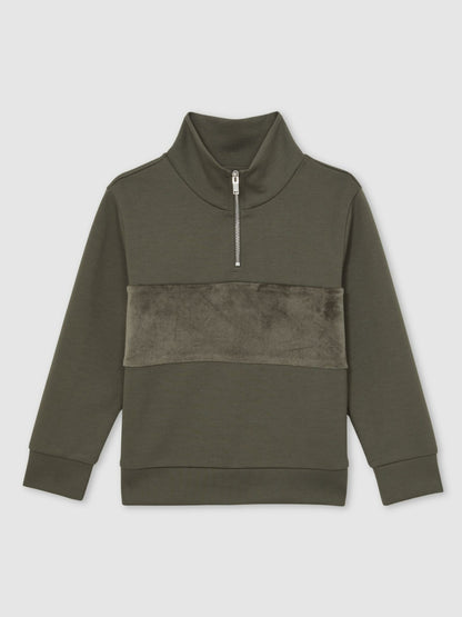 9-13 yrs Slim Fit Half-Zip Funnel Neck Velour Sweatshirt in Dark Sage Green | Reiss Children & Baby Signature