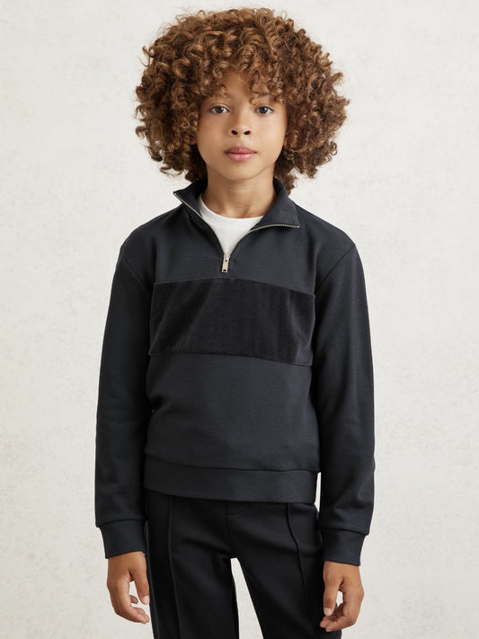 3-9 yrs Slim Fit Half-Zip Funnel Neck Velour Sweatshirt in Navy Blue | Reiss Children & Baby Featured