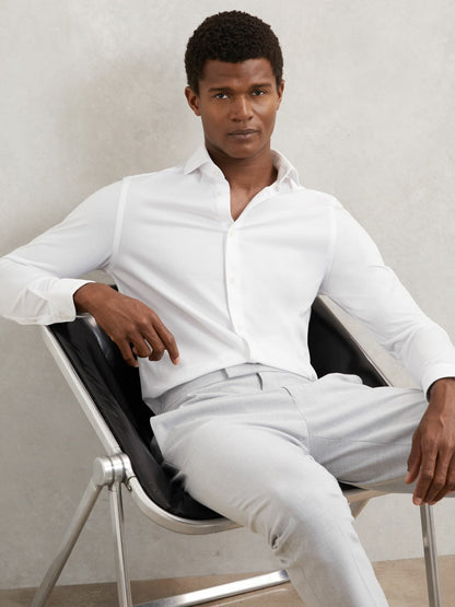 Cotton-Blend Jersey Cutaway-Collar Shirt in White | Reiss Men Signature