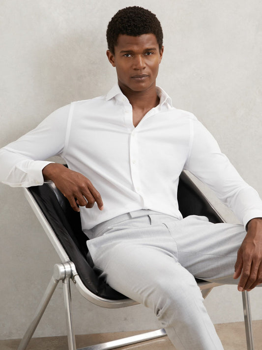 Cotton-Blend Jersey Cutaway-Collar Shirt in White | Reiss Men Signature