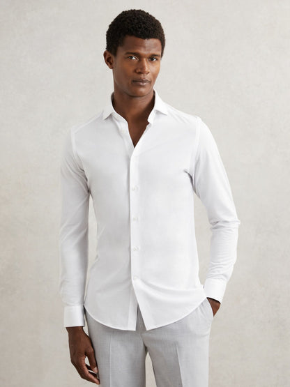Cotton-Blend Jersey Cutaway-Collar Shirt in White | Reiss Men Signature