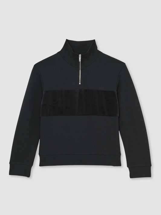 13-14 yrs Slim Fit Half-Zip Funnel Neck Velour Sweatshirt in Navy Blue | Reiss Children & Baby Recommended