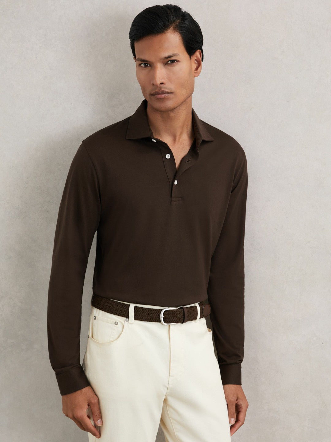 Cotton-Jersey Long Sleeve Polo Shirt in Brown | Reiss Men Recommended
