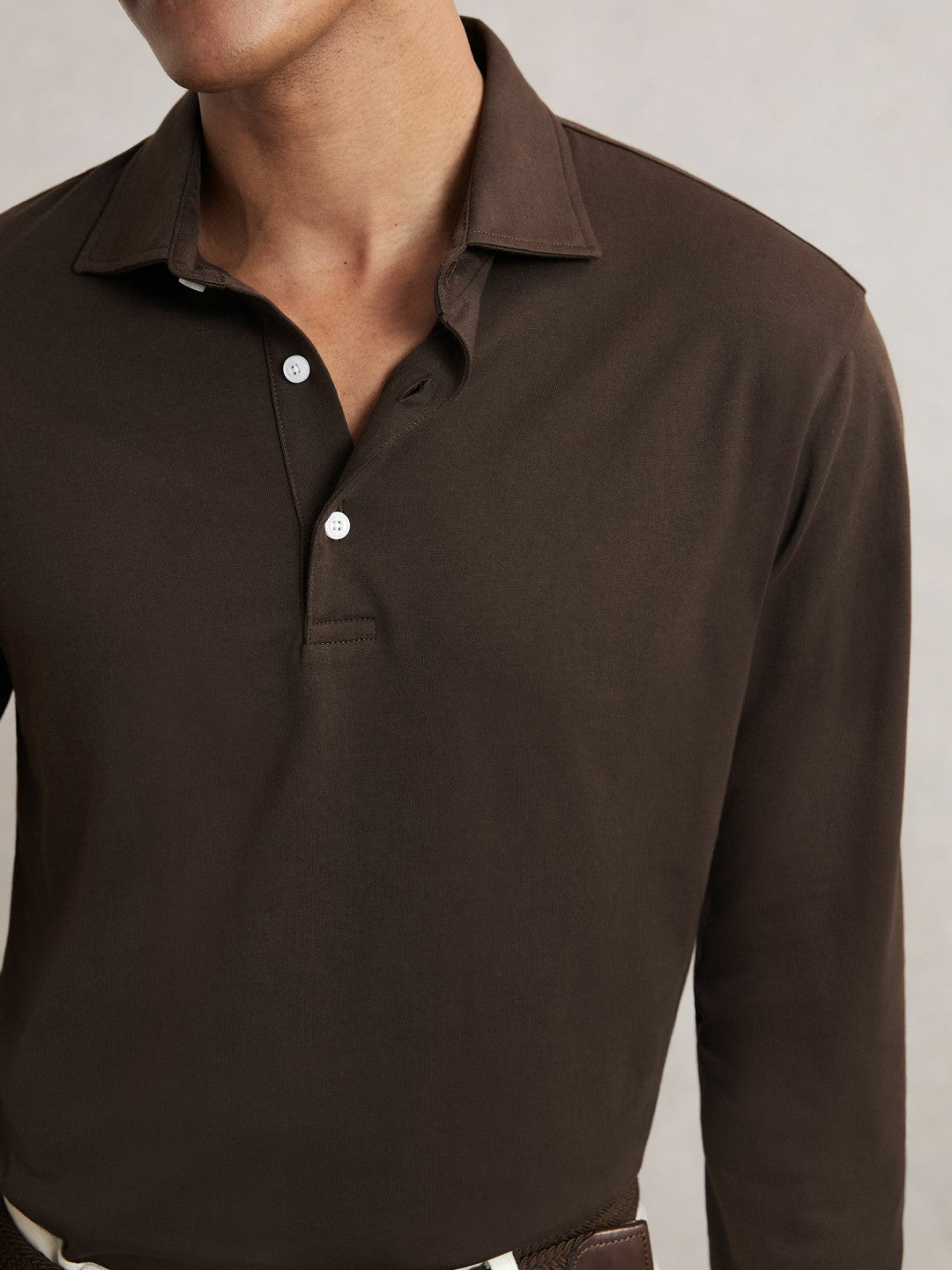 Cotton-Jersey Long Sleeve Polo Shirt in Brown | Reiss Men Recommended