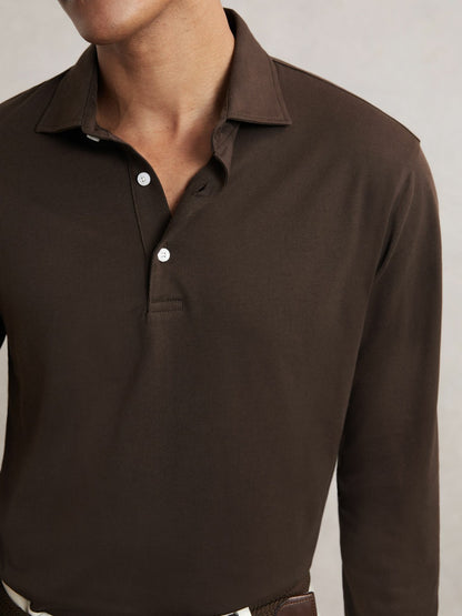Cotton-Jersey Long Sleeve Polo Shirt in Brown | Reiss Men Recommended