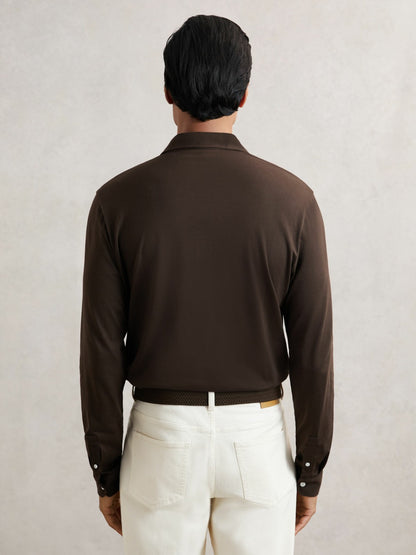 Cotton-Jersey Long Sleeve Polo Shirt in Brown | Reiss Men Recommended