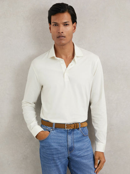Cotton-Jersey Long Sleeve Polo Shirt in White | Reiss Men Premium