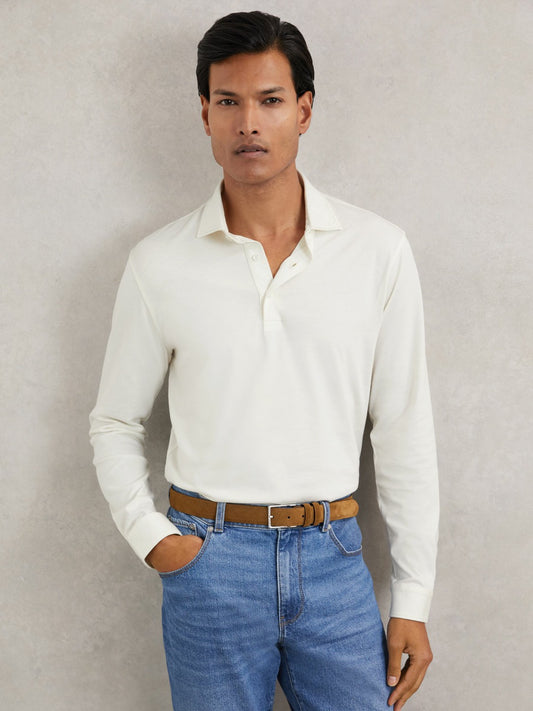 Cotton-Jersey Long Sleeve Polo Shirt in White | Reiss Men Premium