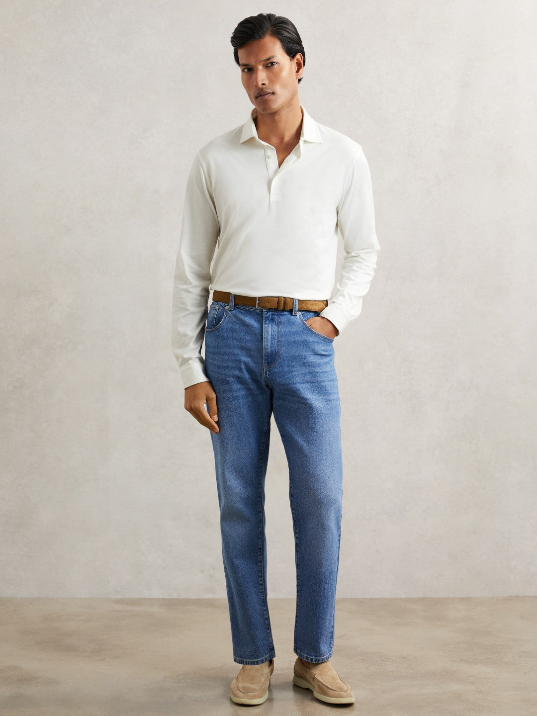 Cotton-Jersey Long Sleeve Polo Shirt in White | Reiss Men Premium