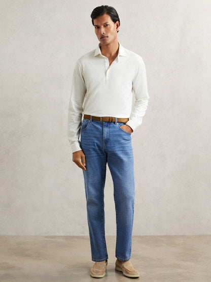 Cotton-Jersey Long Sleeve Polo Shirt in White | Reiss Men Premium