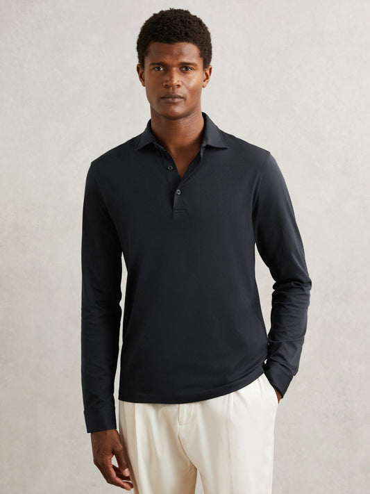Cotton-Jersey Long Sleeve Polo Shirt in Navy | Reiss Men Recommended