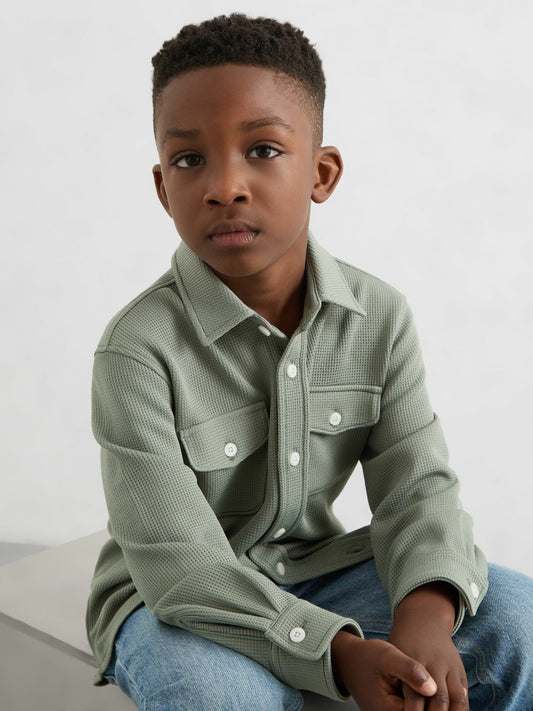 3-9 yrs Waffle-Textured Twin-Pocket Overshirt in Sage | Reiss Children & Baby Signature