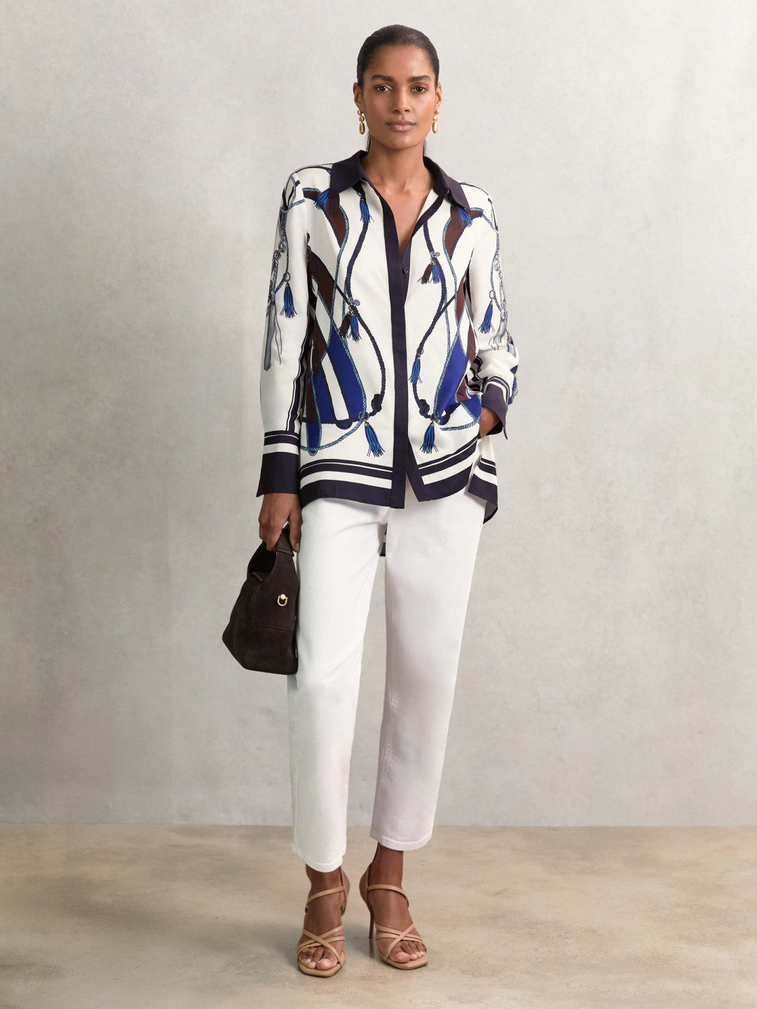 Scarf Print Colourblock Shirt in Navy | Reiss Women Popular