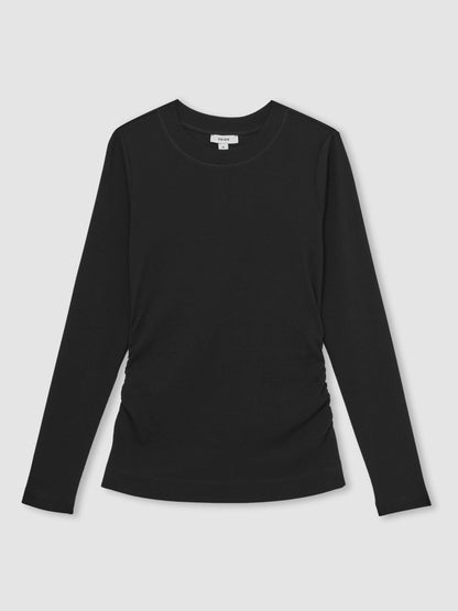 Cotton Long-Sleeve Ruched T-Shirt with Stretch in Black | Reiss Women Exclusive