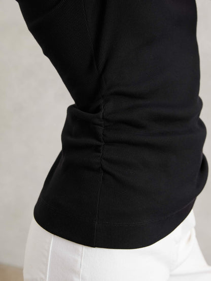 Cotton Long-Sleeve Ruched T-Shirt with Stretch in Black | Reiss Women Exclusive