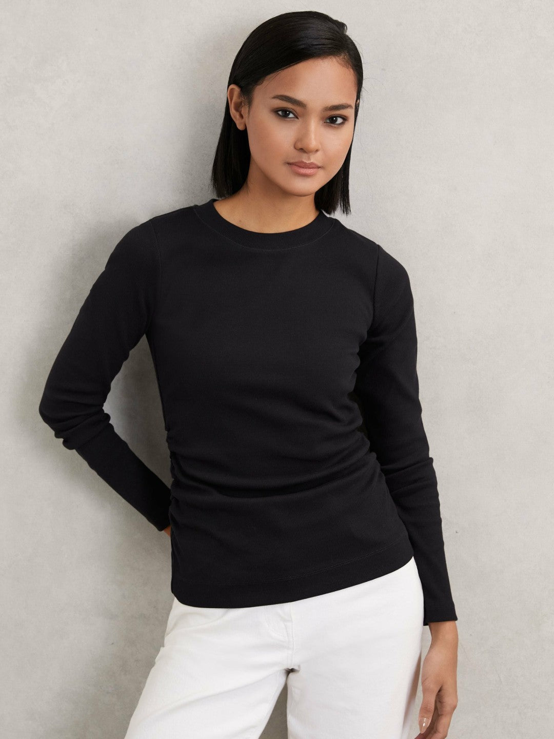 Cotton Long-Sleeve Ruched T-Shirt with Stretch in Black | Reiss Women Exclusive