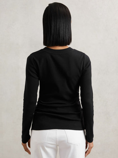 Cotton Long-Sleeve Ruched T-Shirt with Stretch in Black | Reiss Women Exclusive