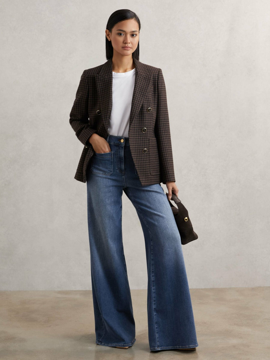 Petite Patch Pocket Wide Leg Jeans in Mid Blue | Reiss Women Popular