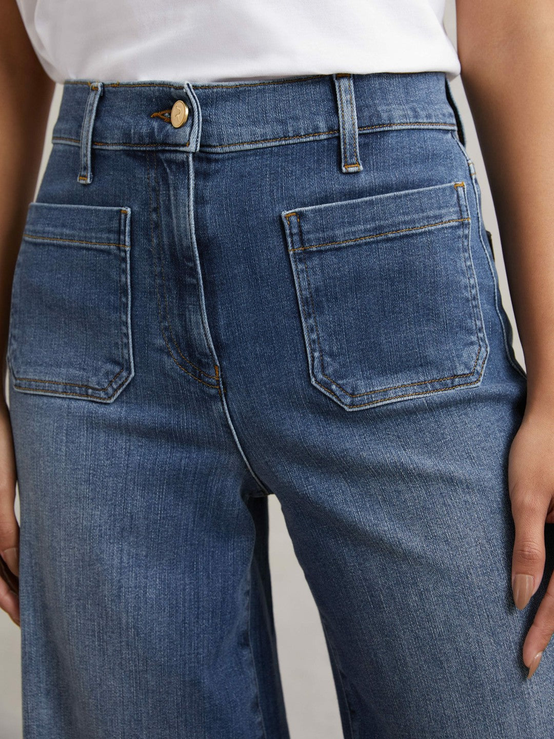 Petite Patch Pocket Wide Leg Jeans in Mid Blue | Reiss Women Popular