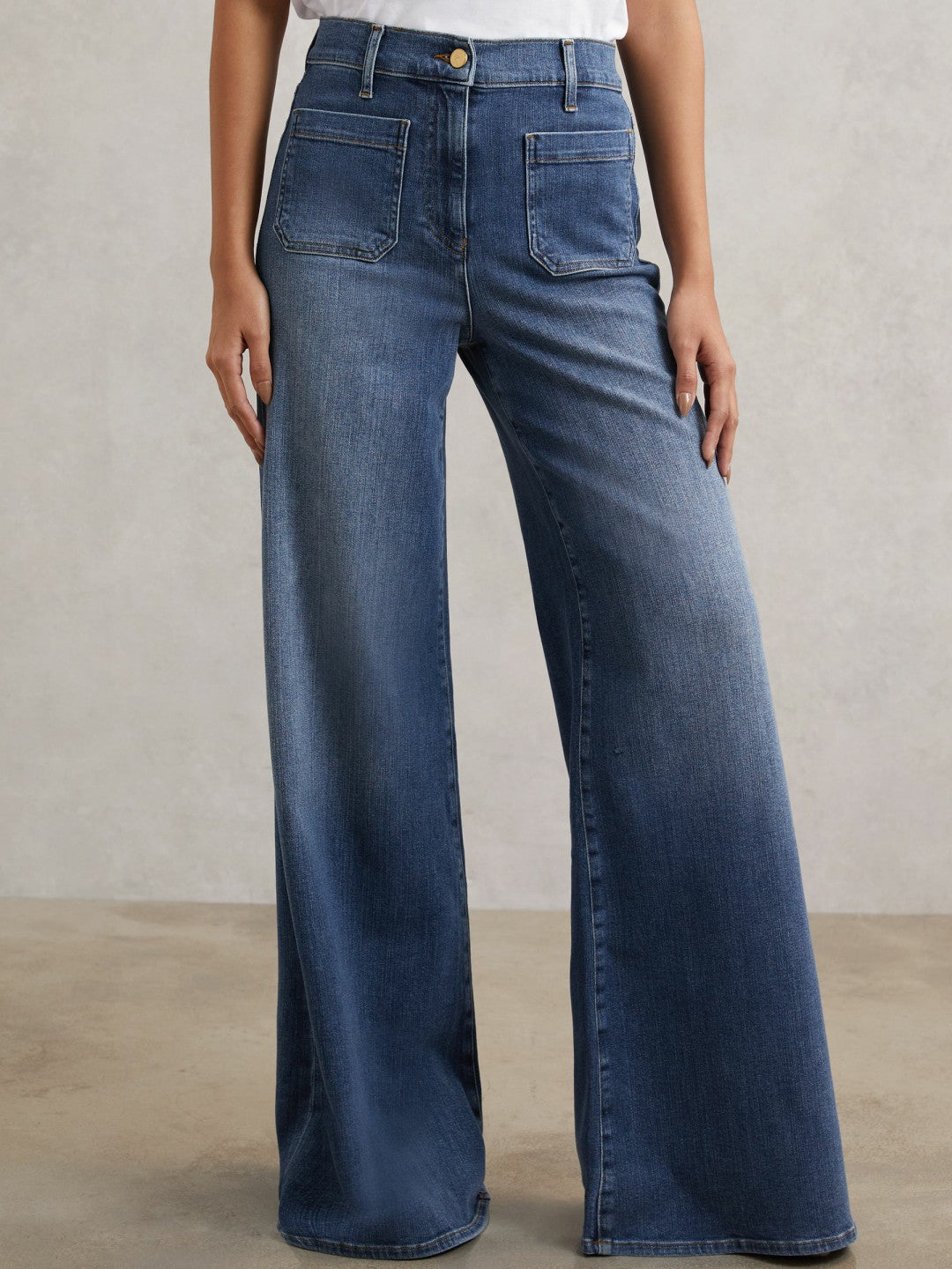 Petite Patch Pocket Wide Leg Jeans in Mid Blue | Reiss Women Popular