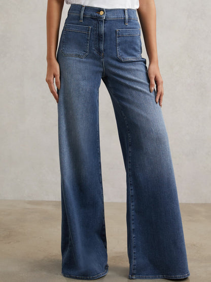Petite Patch Pocket Wide Leg Jeans in Mid Blue | Reiss Women Popular