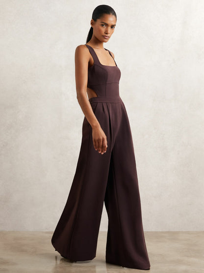 Wide-Leg Cut-Out Jumpsuit in Burgundy | Reiss Women Featured