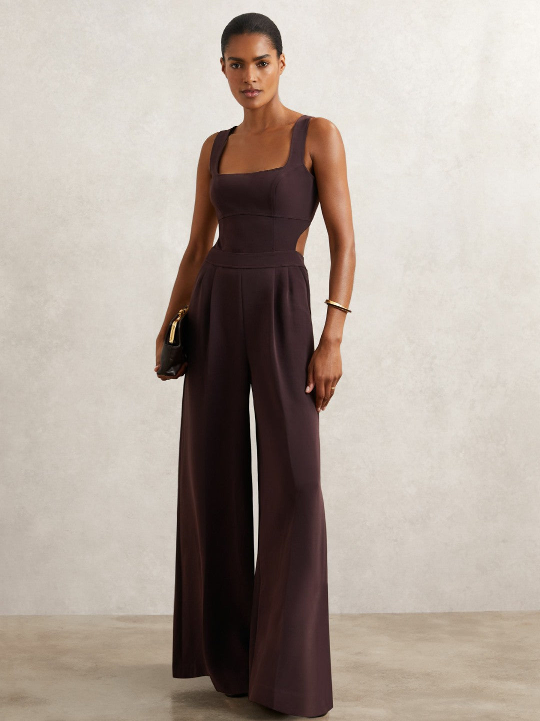 Wide-Leg Cut-Out Jumpsuit in Burgundy | Reiss Women Featured