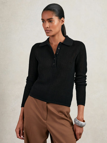 Open-Knit Long-Sleeve Polo Top in Black | Reiss Women Trending