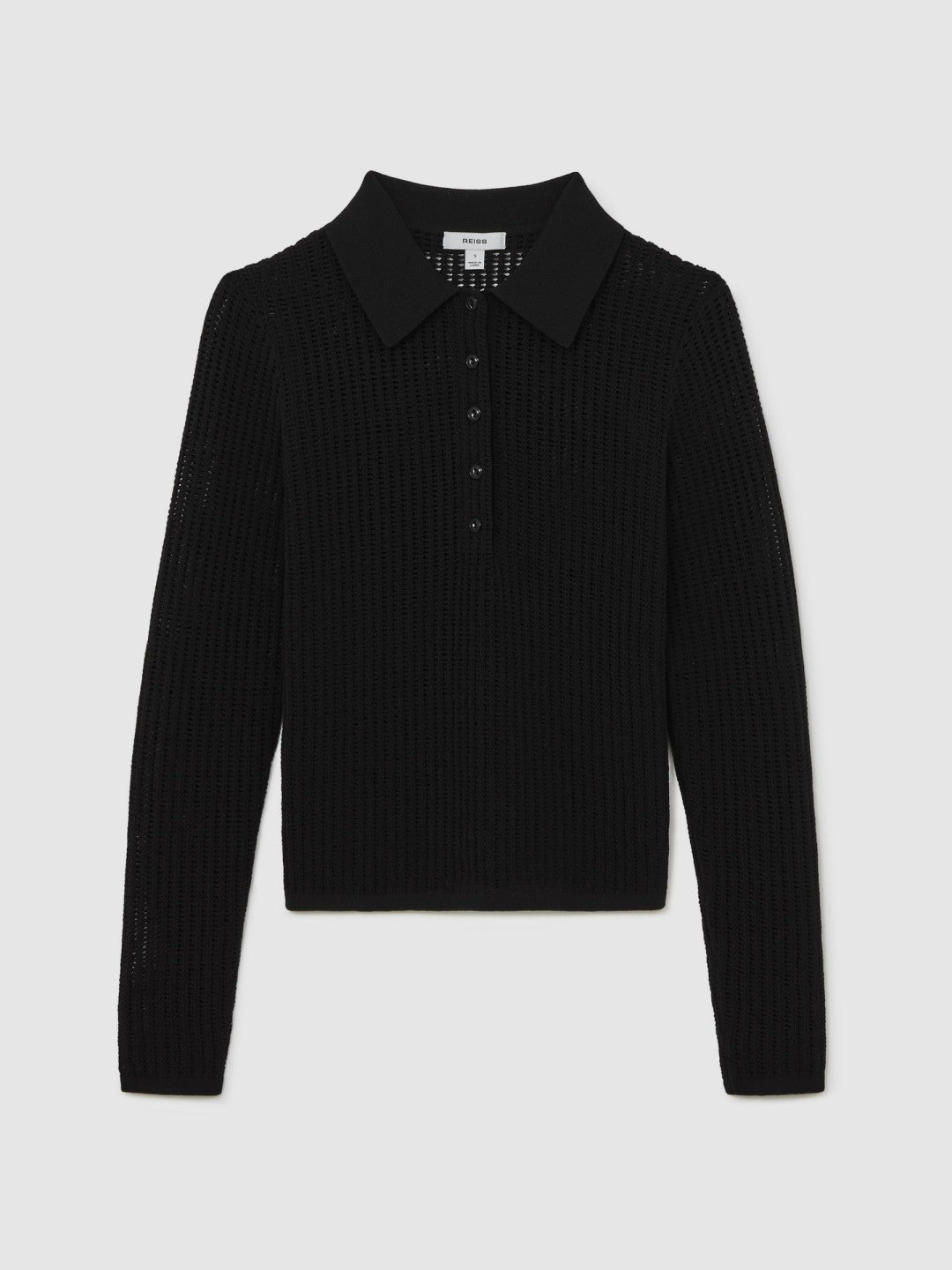 Open-Knit Long-Sleeve Polo Top in Black | Reiss Women Trending