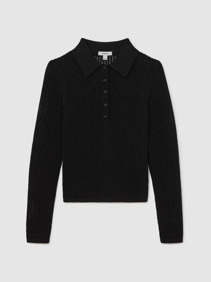Open-Knit Long-Sleeve Polo Top in Black | Reiss Women Trending