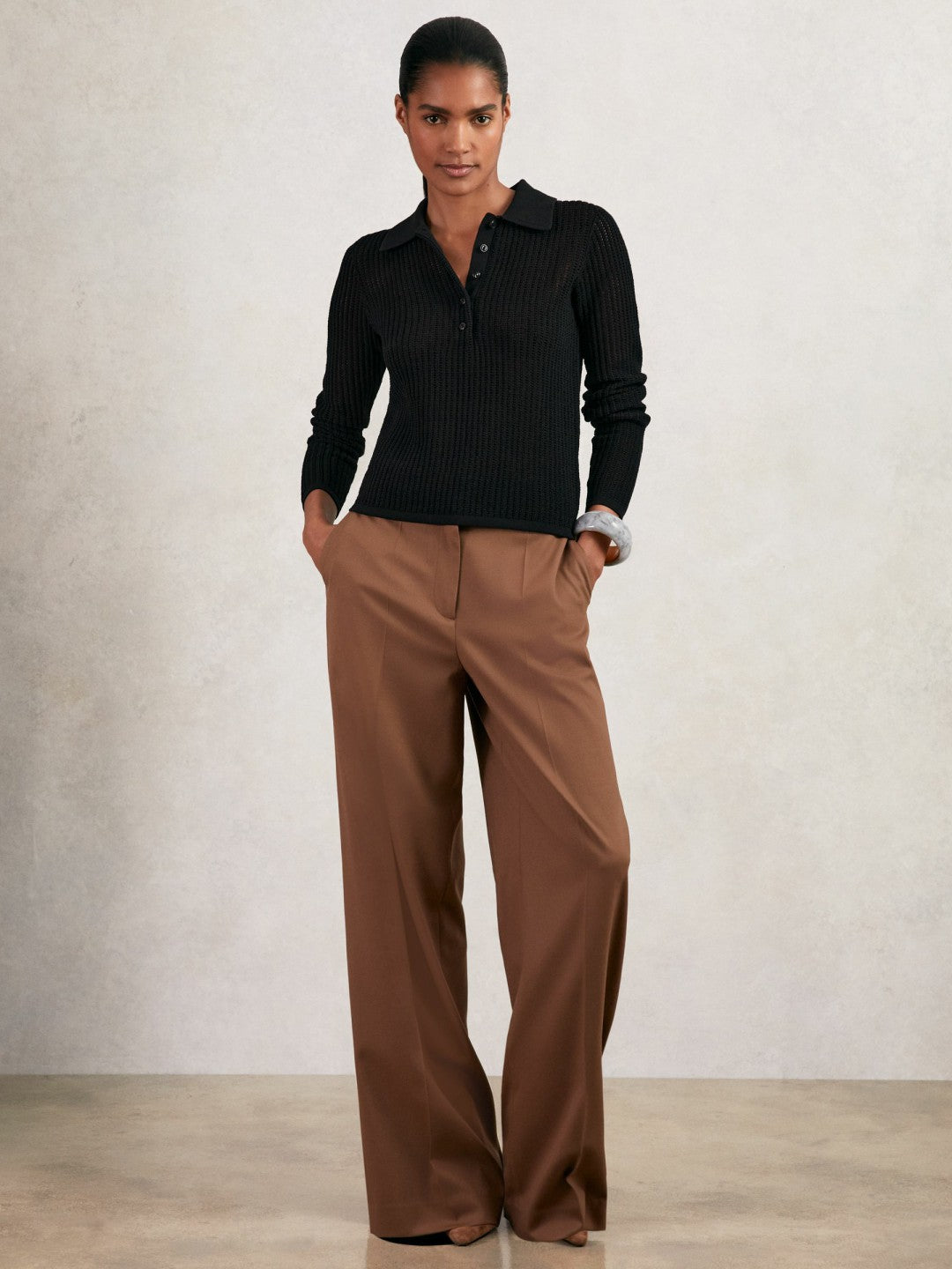 Open-Knit Long-Sleeve Polo Top in Black | Reiss Women Trending