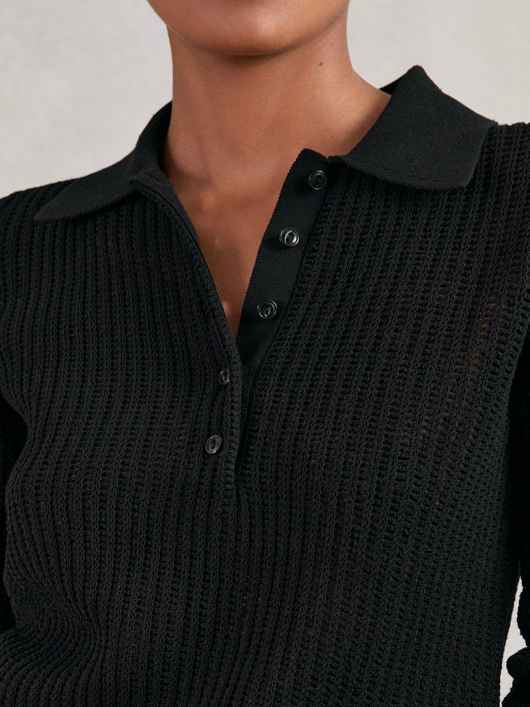 Open-Knit Long-Sleeve Polo Top in Black | Reiss Women Trending