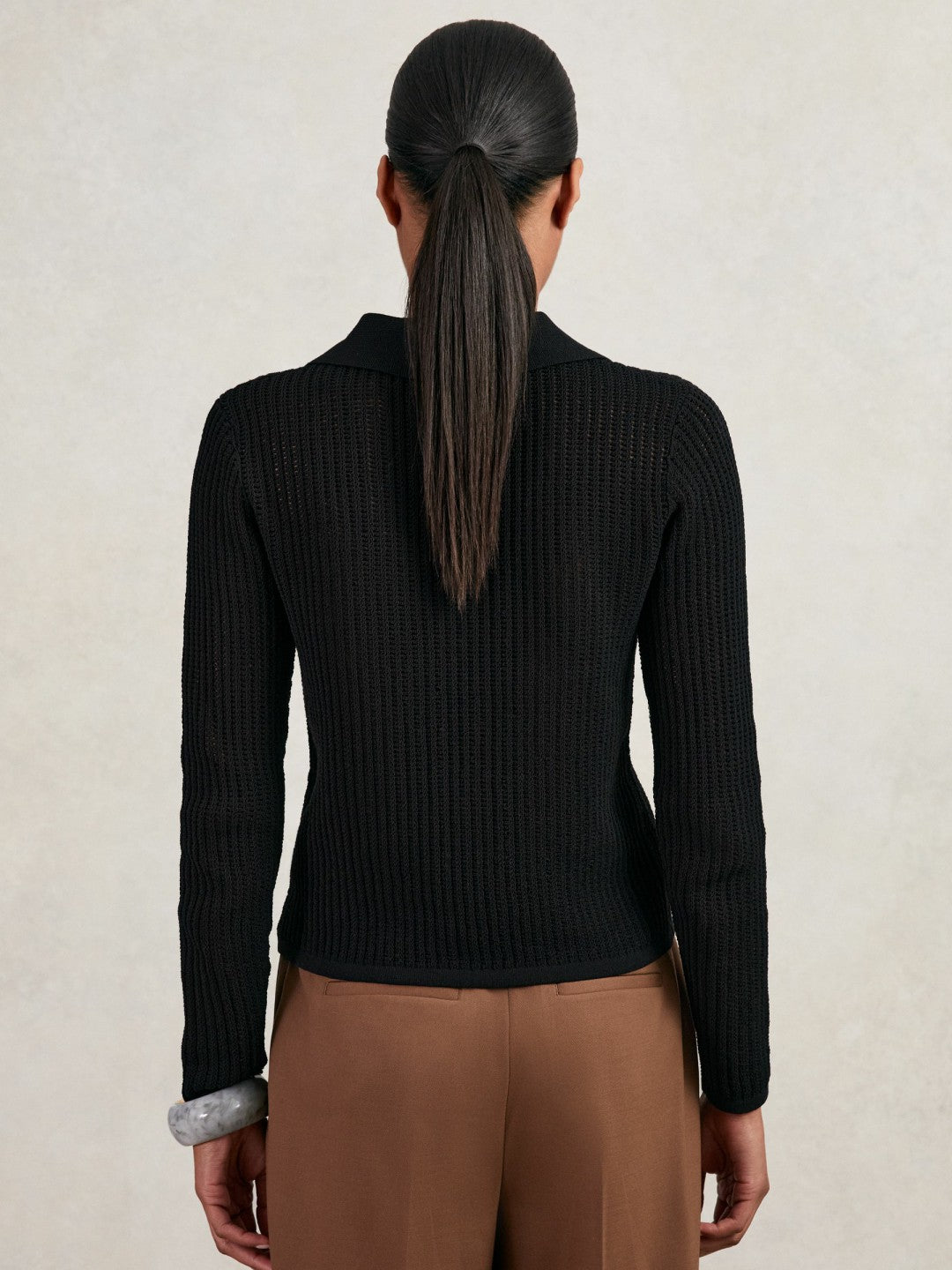 Open-Knit Long-Sleeve Polo Top in Black | Reiss Women Trending