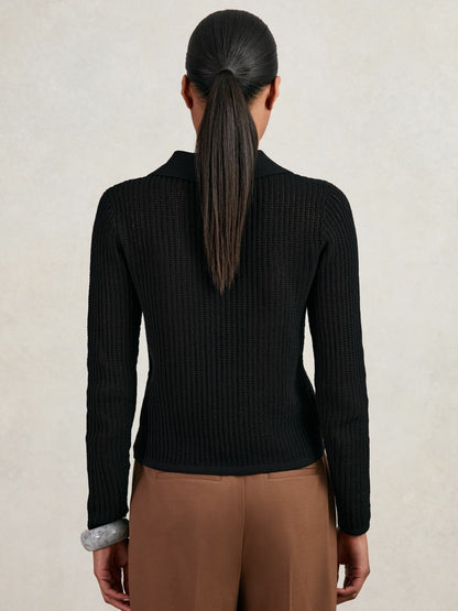 Open-Knit Long-Sleeve Polo Top in Black | Reiss Women Trending