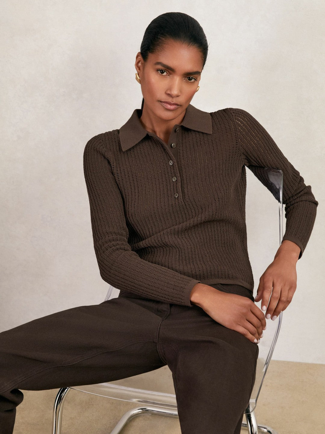 Open-Knit Long-Sleeve Polo Top in Chocolate Brown | Reiss Women Trending