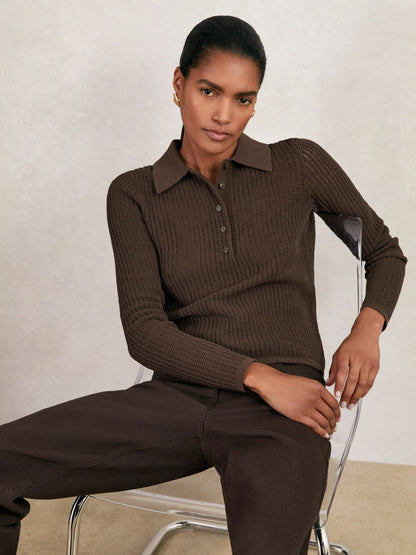 Open-Knit Long-Sleeve Polo Top in Chocolate Brown | Reiss Women Trending