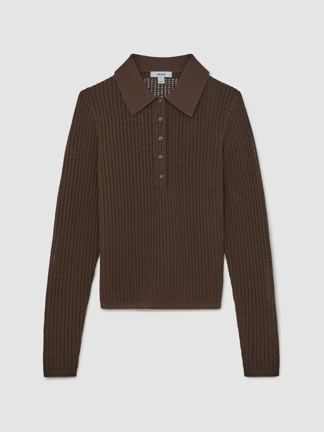 Open-Knit Long-Sleeve Polo Top in Chocolate Brown | Reiss Women Trending