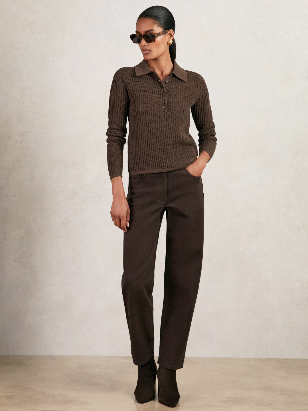 Open-Knit Long-Sleeve Polo Top in Chocolate Brown | Reiss Women Trending