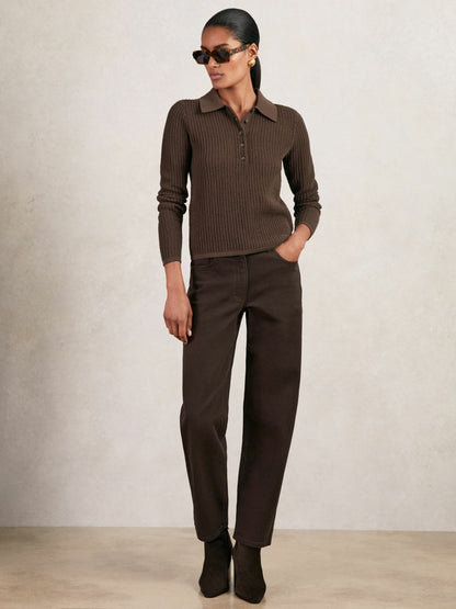 Open-Knit Long-Sleeve Polo Top in Chocolate Brown | Reiss Women Trending