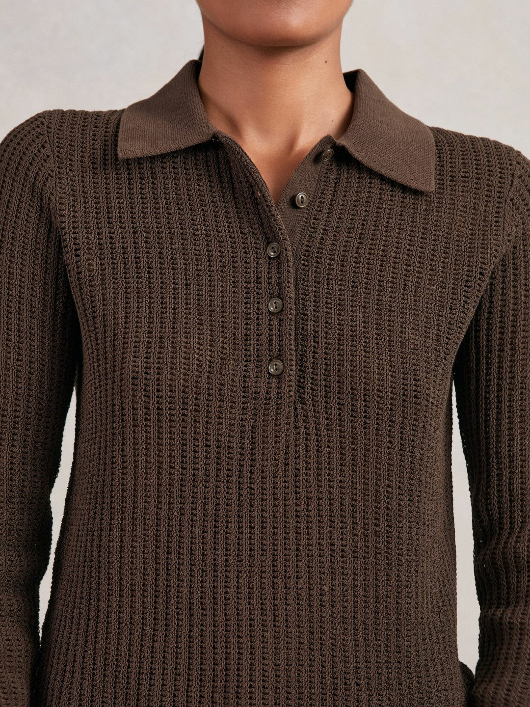 Open-Knit Long-Sleeve Polo Top in Chocolate Brown | Reiss Women Trending