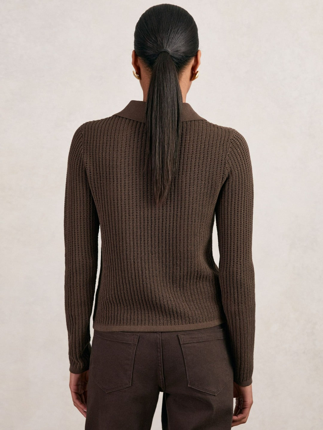 Open-Knit Long-Sleeve Polo Top in Chocolate Brown | Reiss Women Trending