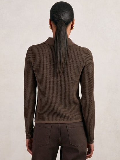 Open-Knit Long-Sleeve Polo Top in Chocolate Brown | Reiss Women Trending