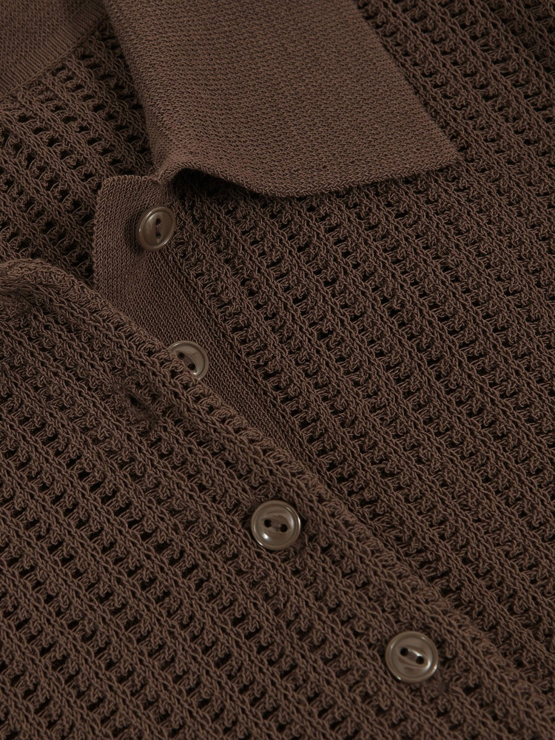 Open-Knit Long-Sleeve Polo Top in Chocolate Brown | Reiss Women Trending