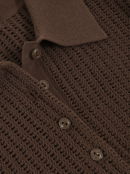 Open-Knit Long-Sleeve Polo Top in Chocolate Brown | Reiss Women Trending